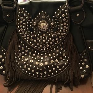 Womens Beautifu Leather Fringe Rhinestone Handbag